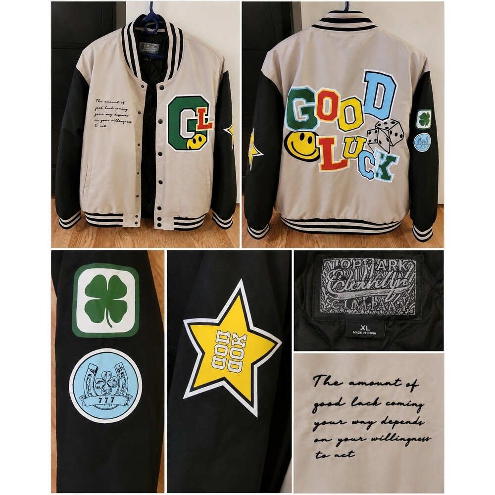 TOPMARK Varsity Jacket XL Good Luck Letterman Bomber Streetwear Unisex Y2K